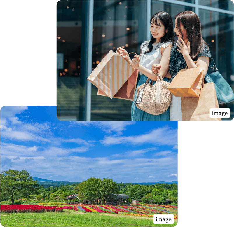ショッピングを楽しむ様子と花畑の風景